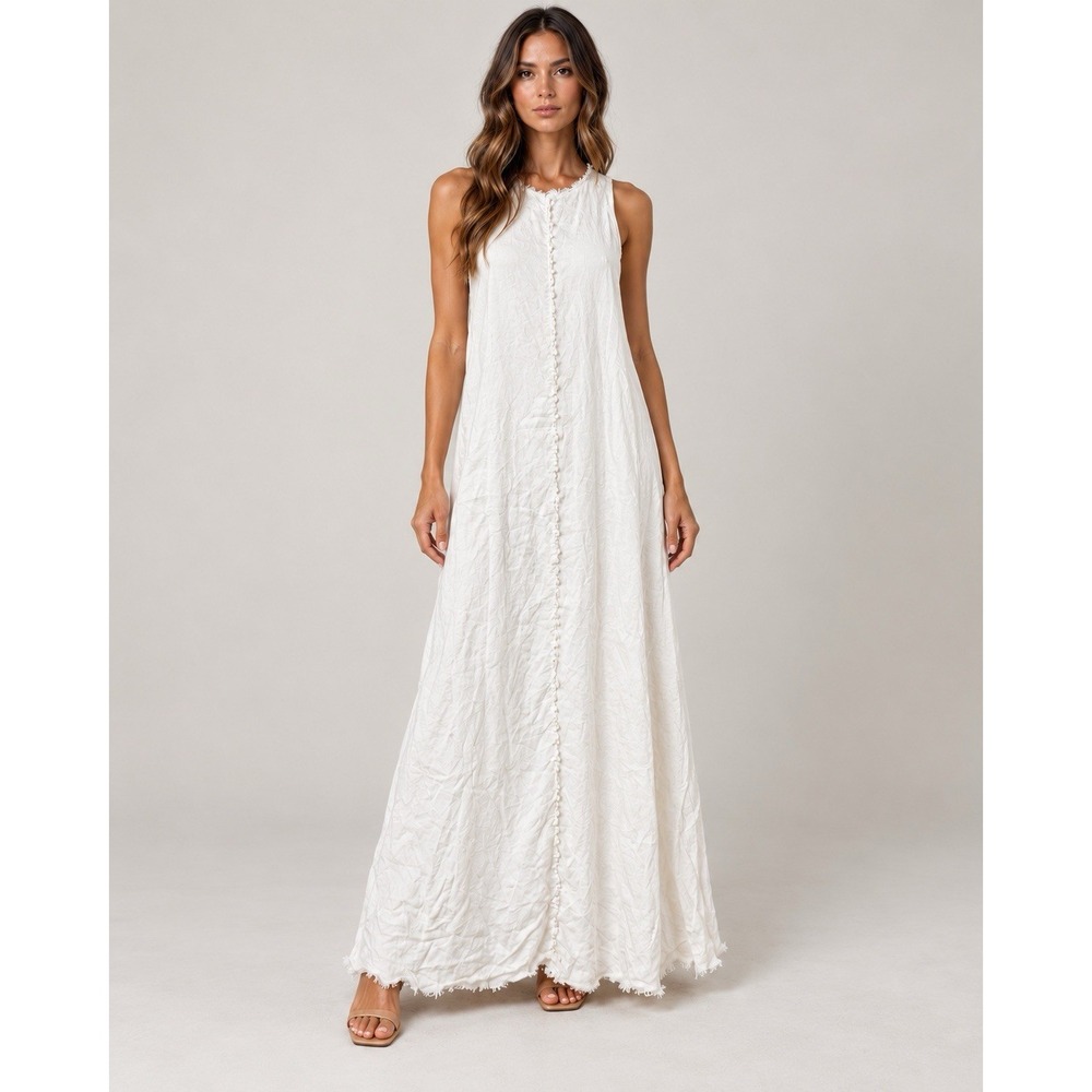 DISSH Linen Dress Women US 4 Cream White Sleeveless Maxi Lined Frayed Raw Hem